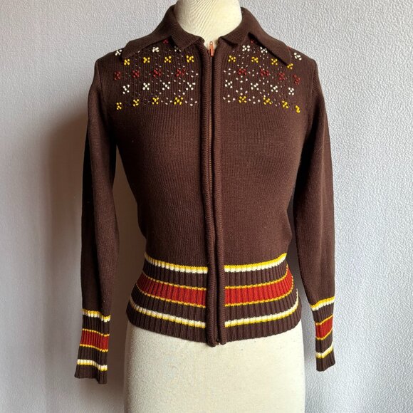 1970s Brown Acrylic Blend Embroidered Zip Front Sweater - Picture 1 of 9